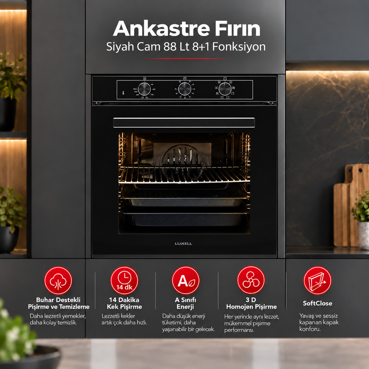 Luxell Ankastre Fırın Siyah Cam 88 Lt 8+1 Fonksiyon 3 Düğme – A68-SF3