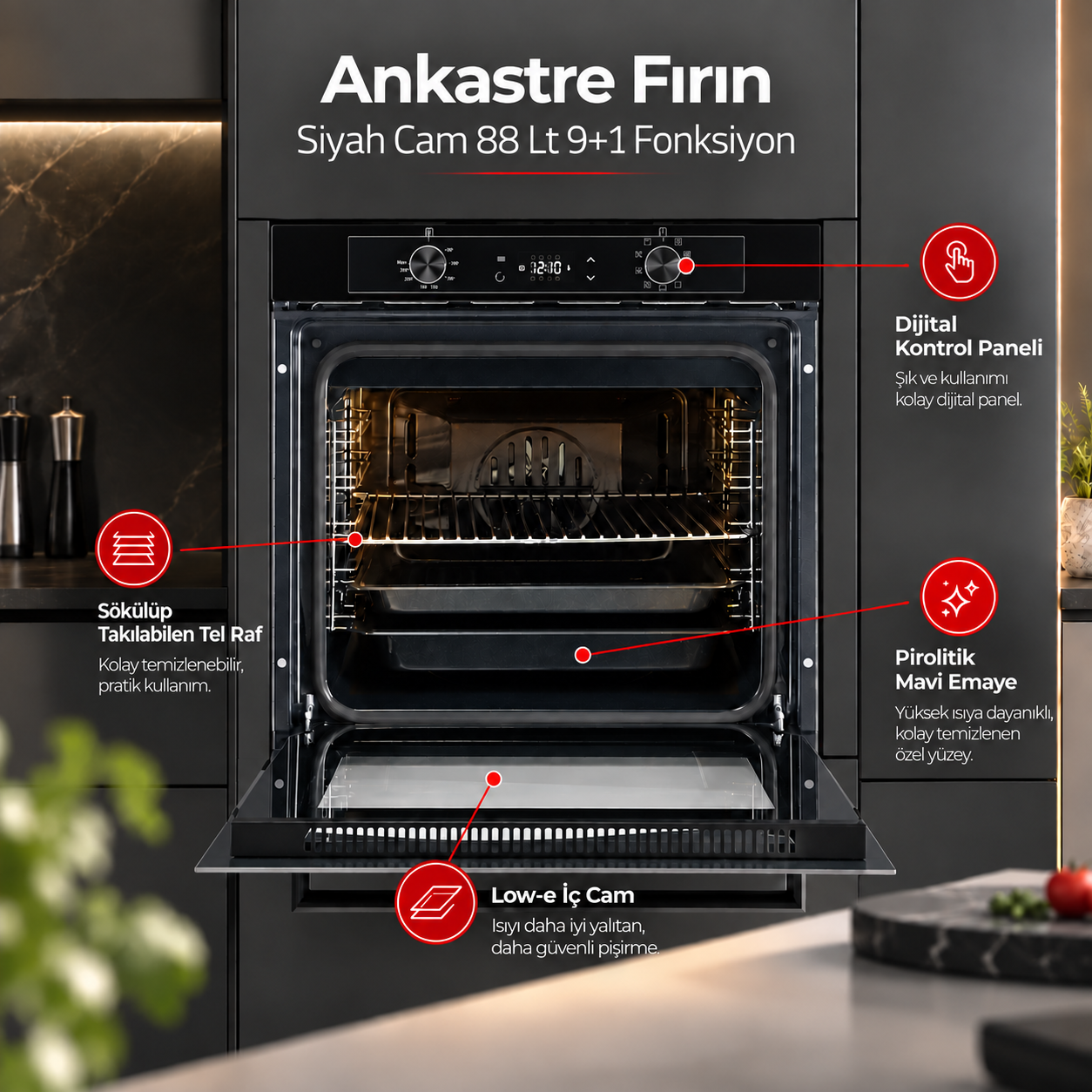 Luxell Ankastre Fırın Siyah Cam 88 LT 9+1 Fonksiyon Dijital – A68-SGF3