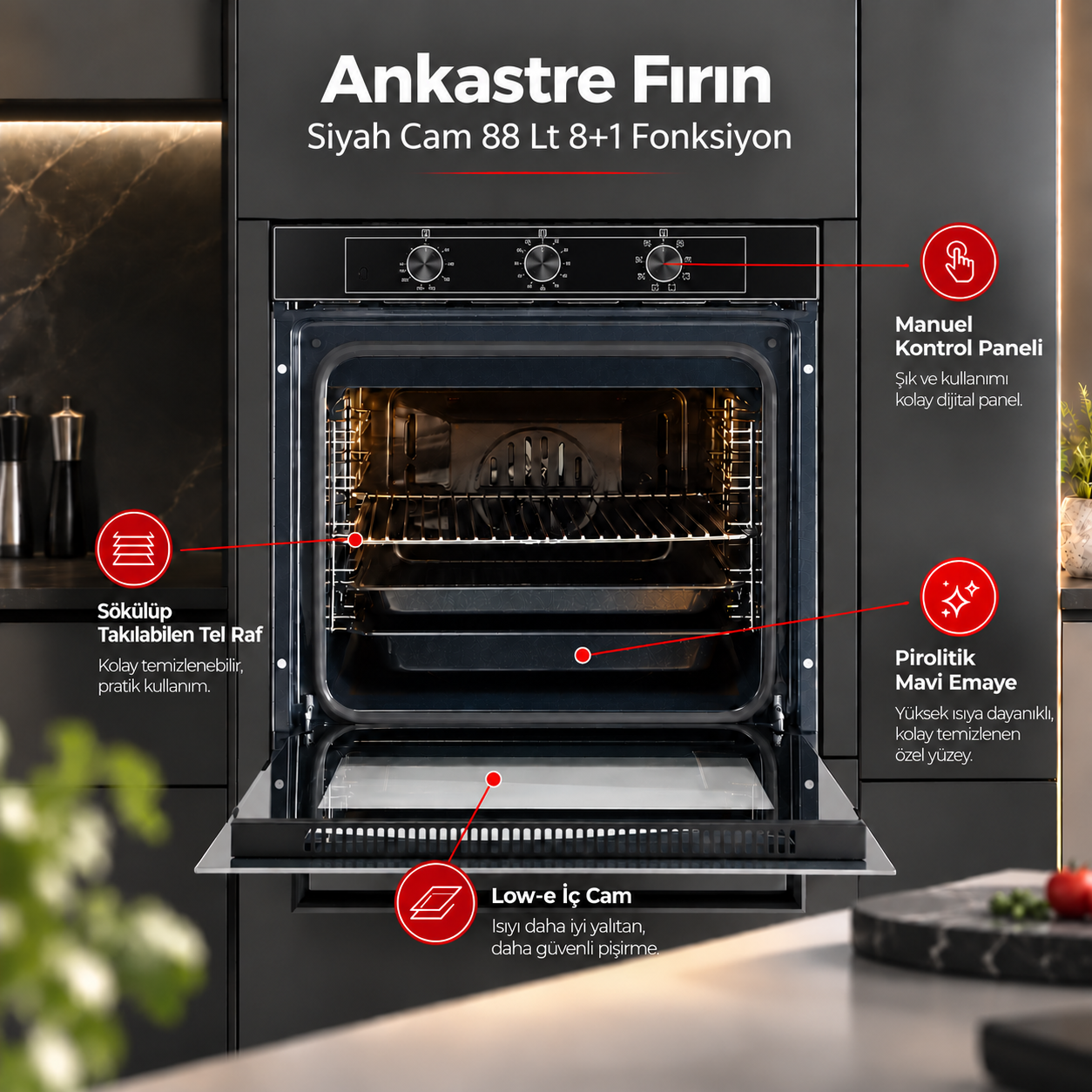 Luxell Ankastre Fırın Siyah Cam 88 Lt 8+1 Fonksiyon 3 Düğme – A68-SF3