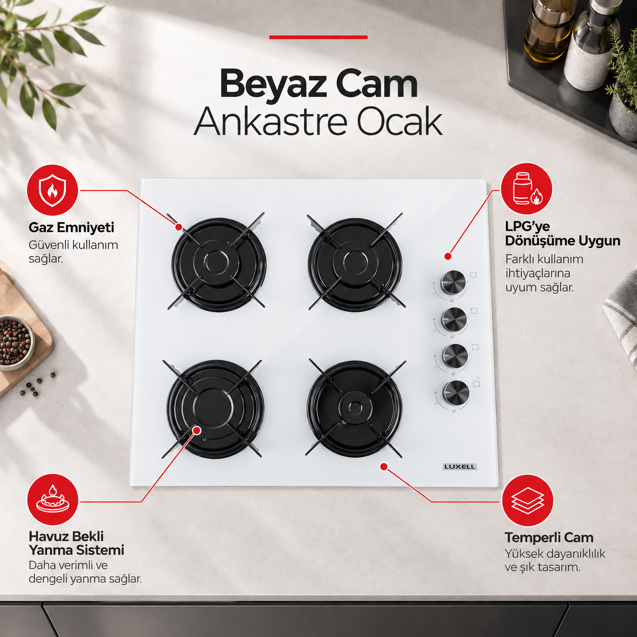 Luxell Ankastre Gazlı Ocak Beyaz Cam – OC-88