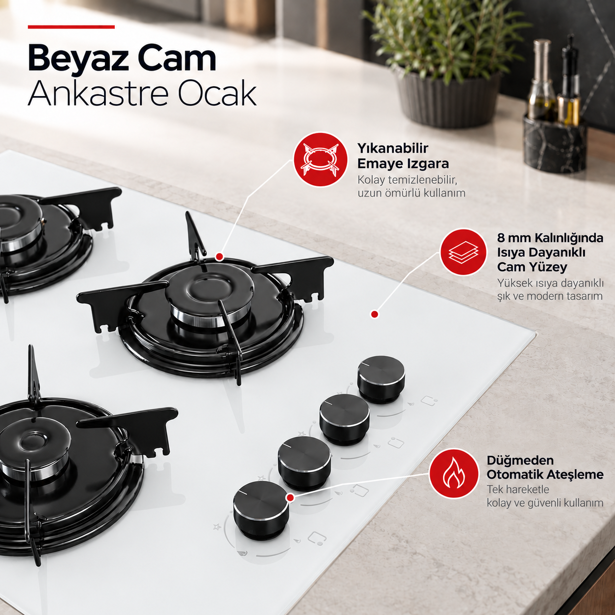 Luxell Ankastre Gazlı Ocak Beyaz Cam – OC-88