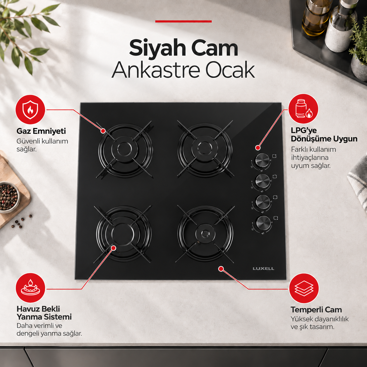 Luxell Ankastre Siyah Cam Ocak - OC88
