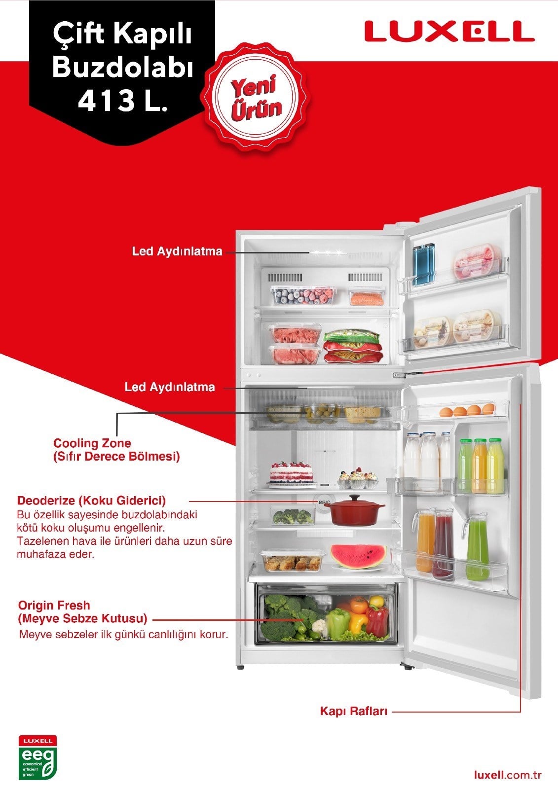 Luxell Çift Kapılı Buzdolabı Beyaz 413 Litre – GN24000WH