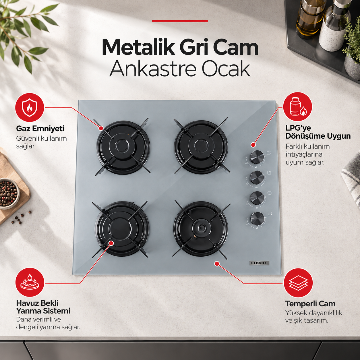 Luxell Metalik Gri Cam Ankastre Ocak - OC88