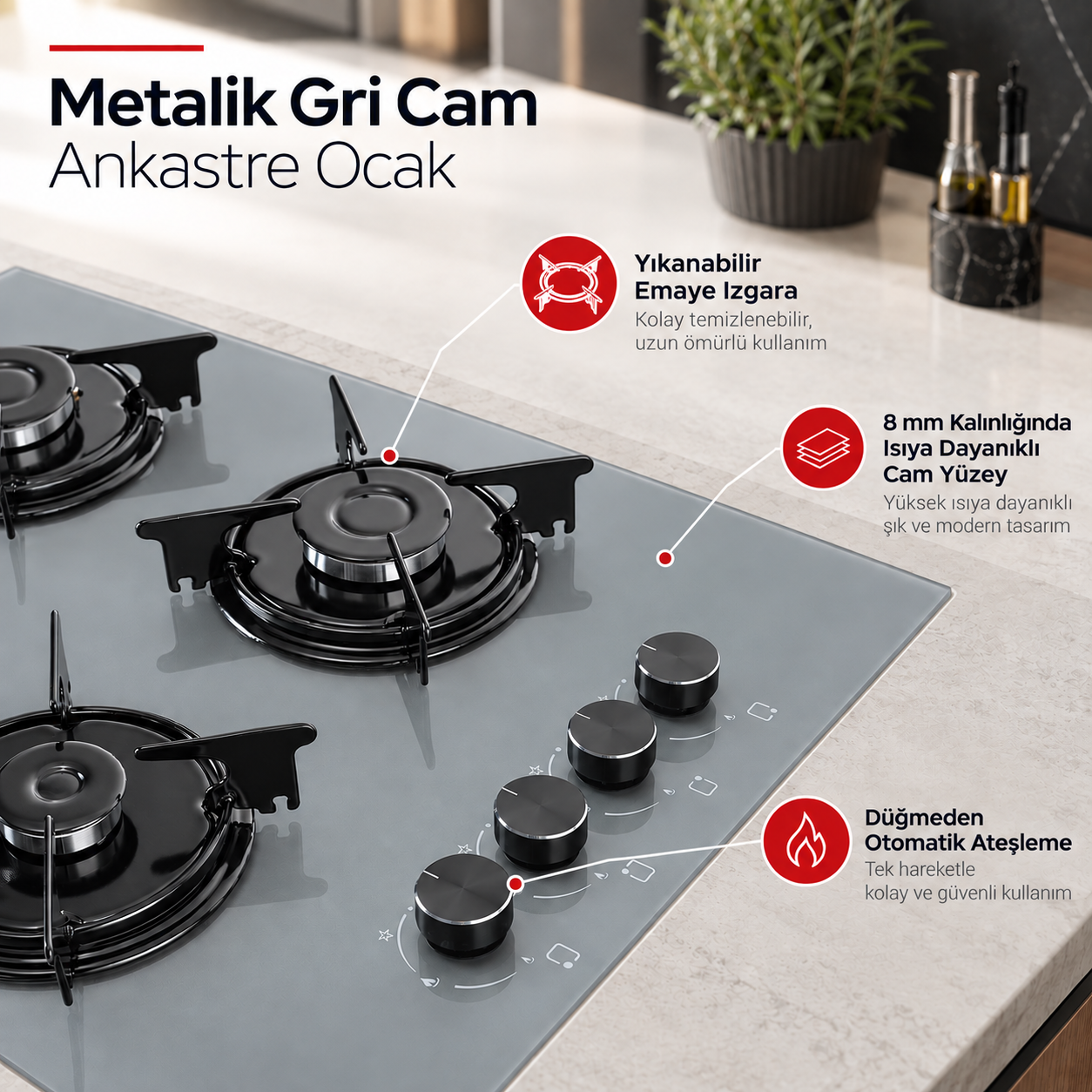 Luxell Metalik Gri Cam Ankastre Ocak - OC88