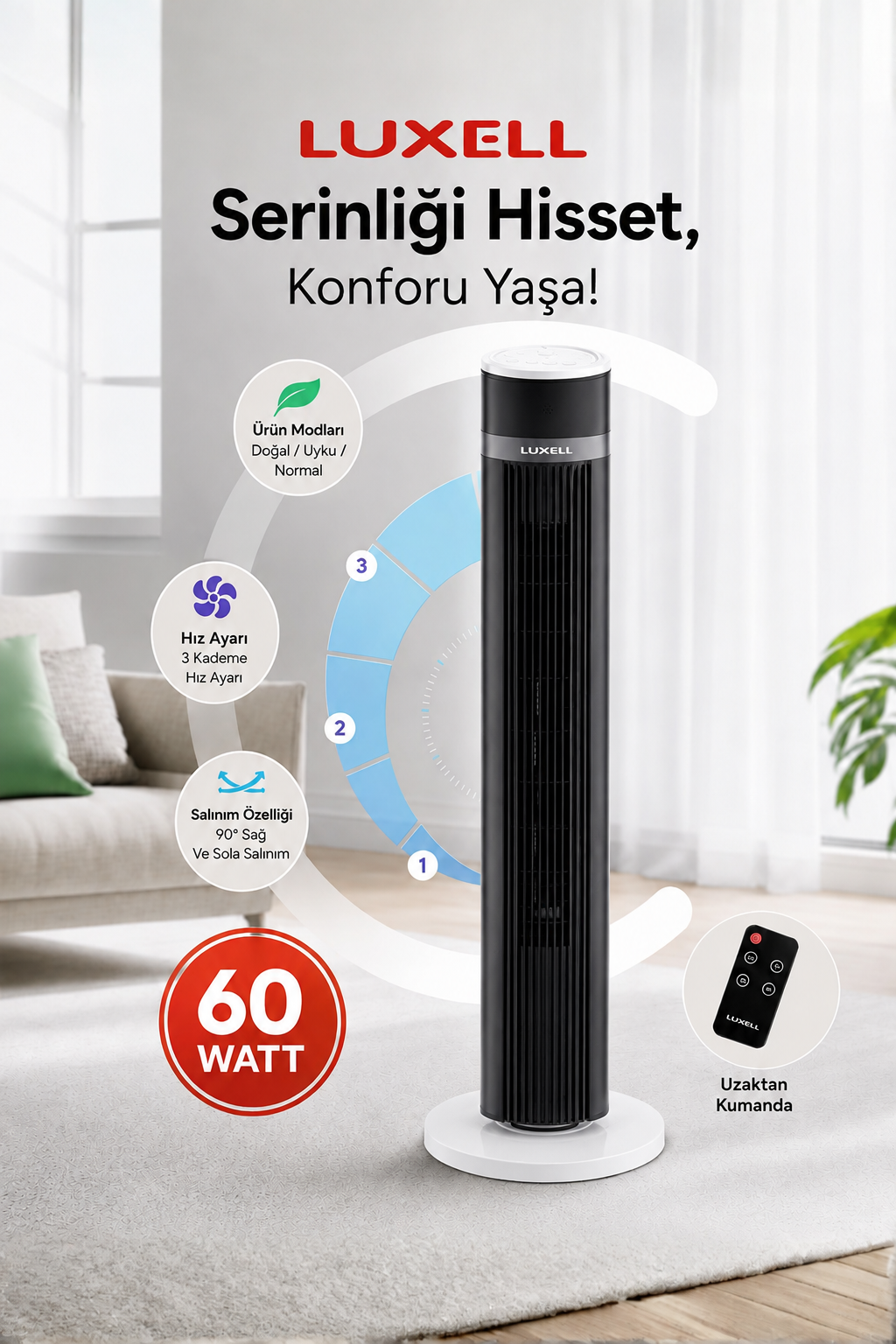 Luxell Plus 60W Uzaktan Kumandalı Kule Tipi Vantilatör Beyaz – LXF-260W