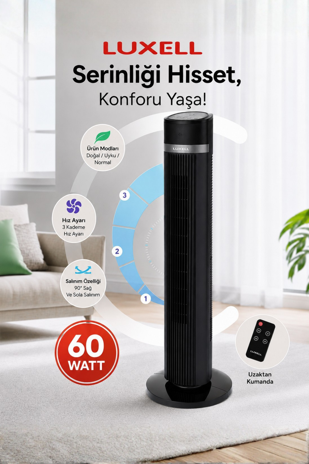 Luxell Plus 60W Uzaktan Kumandalı Kule Tipi Vantilatör Siyah – LXF-260B