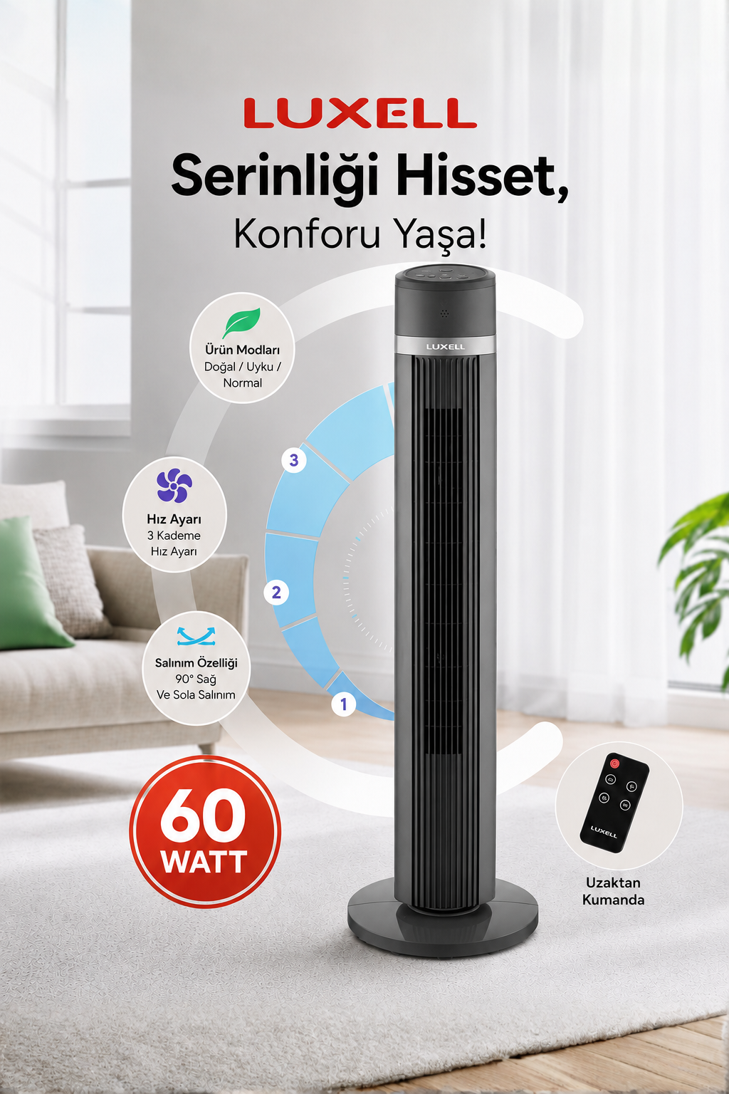 Luxell Plus 60W Uzaktan Kumandalı Kule Tipi Vantilatör Gri – LXF-260G