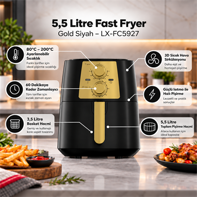 Luxell 5,5 Litre Fast Fryer  Gold Siyah – LX-FC5927