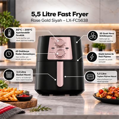 Luxell 5,5 Litre Fast Fryer  Rose Gold Siyah – LX-FC5638