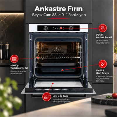 Luxell Ankastre Fırın Beyaz Cam 88 LT 9+1 Fonksiyon Dijital – A68-SGF3
