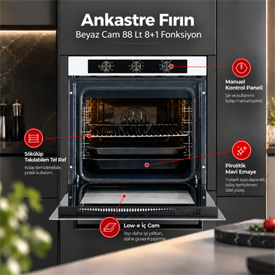 Luxell Ankastre Fırın Beyaz Cam 88 LT 8+1 Fonksiyon 3 Düğme – A68-SF3