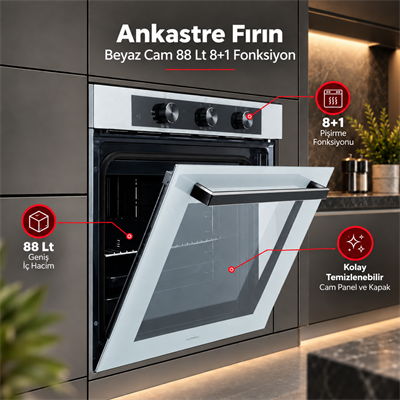 Luxell Ankastre Fırın Beyaz Cam 88 LT 8+1 Fonksiyon 3 Düğme – A68-SF3