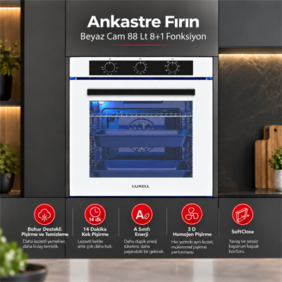 Luxell Ankastre Fırın Beyaz Cam 88 LT 8+1 Fonksiyon 3 Düğme – A68-SF3