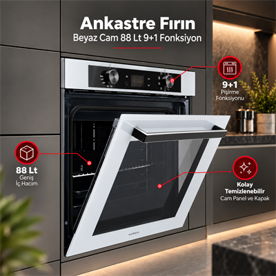 Luxell Ankastre Fırın Beyaz Cam 88 LT 9+1 Fonksiyon Dijital – A68-SGF3