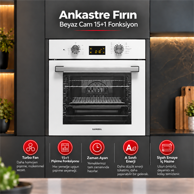 Luxell Ankastre Fırın Beyaz Cam Opall 15+1 Fonksiyon Dijital  – B66-SGF3