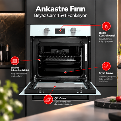 Luxell Ankastre Fırın Beyaz Cam Opall 15+1 Fonksiyon Dijital  – B66-SGF3