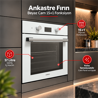 Luxell Ankastre Fırın Beyaz Cam Opall 15+1 Fonksiyon Dijital  – B66-SGF3