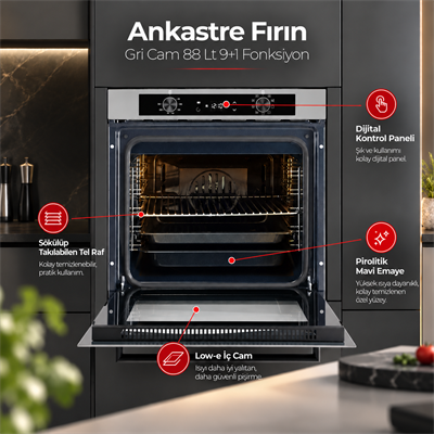 Luxell Ankastre Fırın Gri Cam 88 Lt 9+1 Fonksiyon Dijital – A68-SGF3