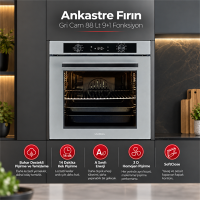Luxell Ankastre Fırın Gri Cam 88 Lt 9+1 Fonksiyon Dijital – A68-SGF3