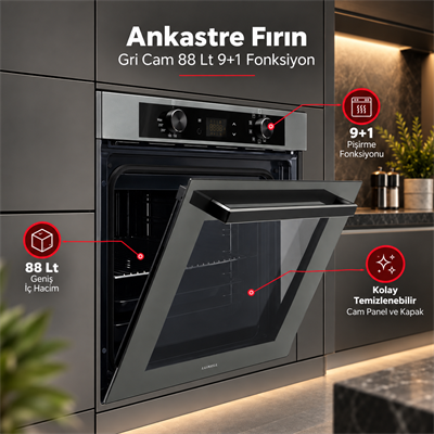 Luxell Ankastre Fırın Gri Cam 88 Lt 9+1 Fonksiyon Dijital – A68-SGF3