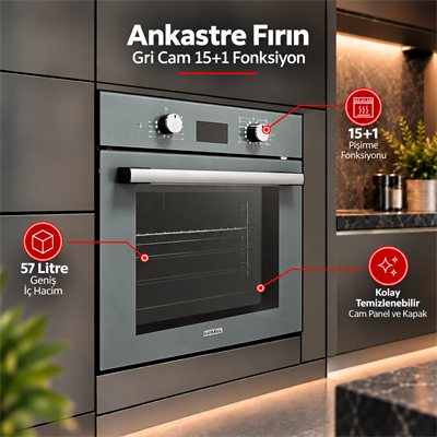 Luxell Ankastre Fırın Gri Cam Opall 15+1 Fonksiyon Dijital  – B66-SGF3