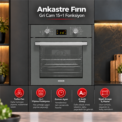 Luxell Ankastre Fırın Gri Cam Opall 15+1 Fonksiyon Dijital  – B66-SGF3