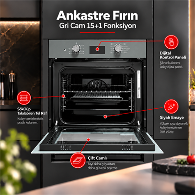 Luxell Ankastre Fırın Gri Cam Opall 15+1 Fonksiyon Dijital  – B66-SGF3