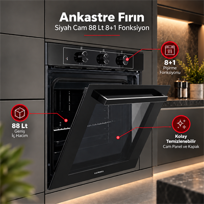 Luxell Ankastre Fırın Siyah Cam 88 Lt 8+1 Fonksiyon 3 Düğme – A68-SF3