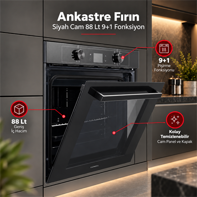 Luxell Ankastre Fırın Siyah Cam 88 LT 9+1 Fonksiyon Dijital – A68-SGF3