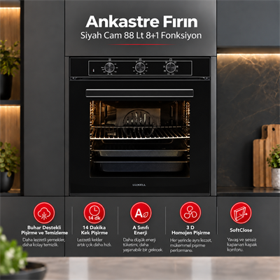 Luxell Ankastre Fırın Siyah Cam 88 Lt 8+1 Fonksiyon 3 Düğme – A68-SF3