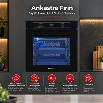 Luxell Ankastre Fırın Siyah Cam 88 LT 9+1 Fonksiyon Dijital – A68-SGF3