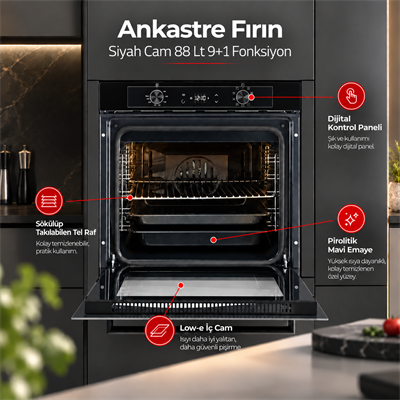 Luxell Ankastre Fırın Siyah Cam 88 LT 9+1 Fonksiyon Dijital – A68-SGF3