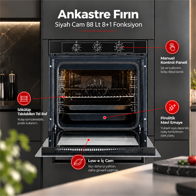 Luxell Ankastre Fırın Siyah Cam 88 Lt 8+1 Fonksiyon 3 Düğme – A68-SF3
