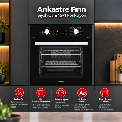 Luxell Ankastre Fırın Siyah Cam Opall 15+1 Fonksiyon Dijital  – B66-SGF3