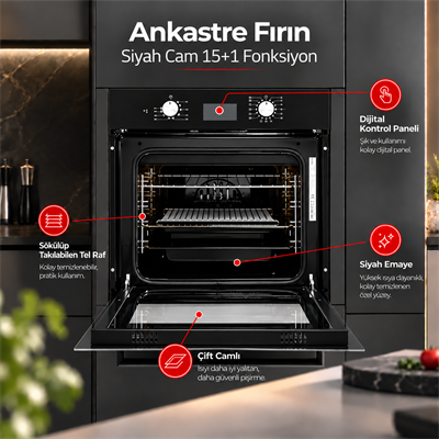 Luxell Ankastre Fırın Siyah Cam Opall 15+1 Fonksiyon Dijital  – B66-SGF3