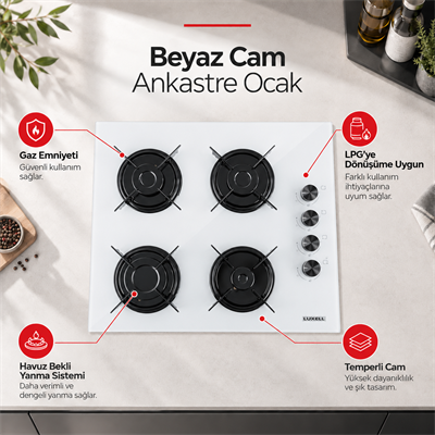 Luxell Ankastre Gazlı Ocak Beyaz Cam – OC-88