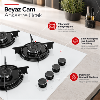 Luxell Ankastre Gazlı Ocak Beyaz Cam – OC-88