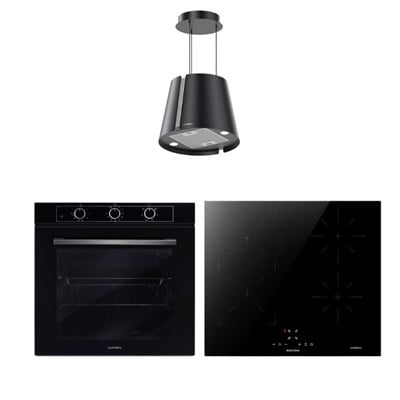 Luxell İndüksiyon Ocaklı Siyah Cam Ankastre Set (Optimum Fırın - Ada Davlumbaz)