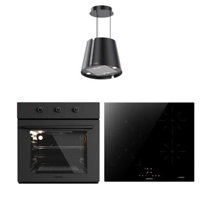 Luxell İndüksiyon Ocaklı Siyah Cam Ankastre Set (Prime Glass Fırın - Ada Davlumbaz)