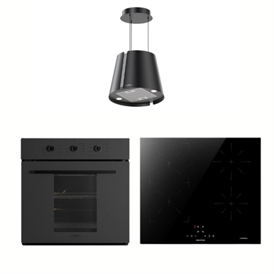 Luxell İndüksiyon Ocaklı Siyah Cam Ankastre Set (Prime Glass Fırın - Ada Davlumbaz)