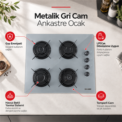 Luxell Metalik Gri Cam Ankastre Ocak - OC88