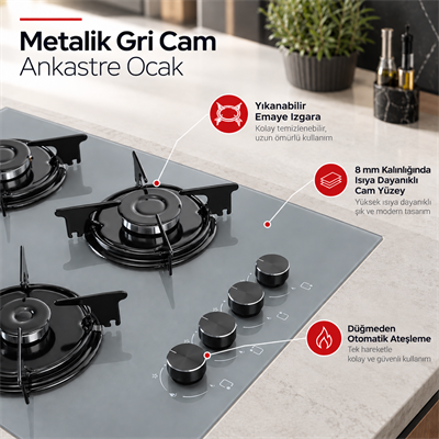 Luxell Metalik Gri Cam Ankastre Ocak - OC88