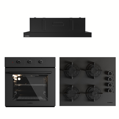Luxell Prime Glass Aspiratörlü Siyah Cam Ankastre set 