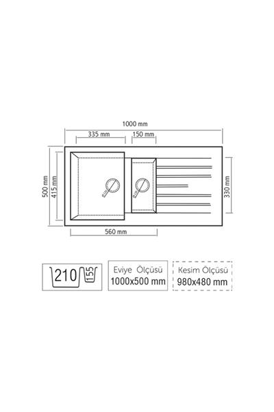 Luxell Siyah Nil 1,5 Göz Damlalıklı Granit Eviye (Lx-1000)