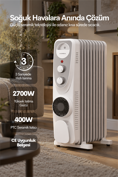 Luxell Yağlı Radyatör Elektrikli Isıtıcı Beyaz Gri 11 Dilim – LUX11-FP-WG