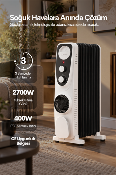 Luxell Yağlı Radyatör Elektrikli Isıtıcı Siyah Beyaz 9 Dilim – LUX09-FP-BW
