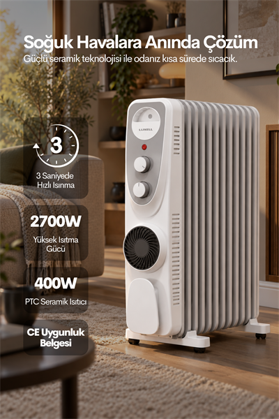 Luxell Yağlı Radyatör Elektrikli Isıtıcı Beyaz Gri 13 Dilim – LUX13-FP-WG