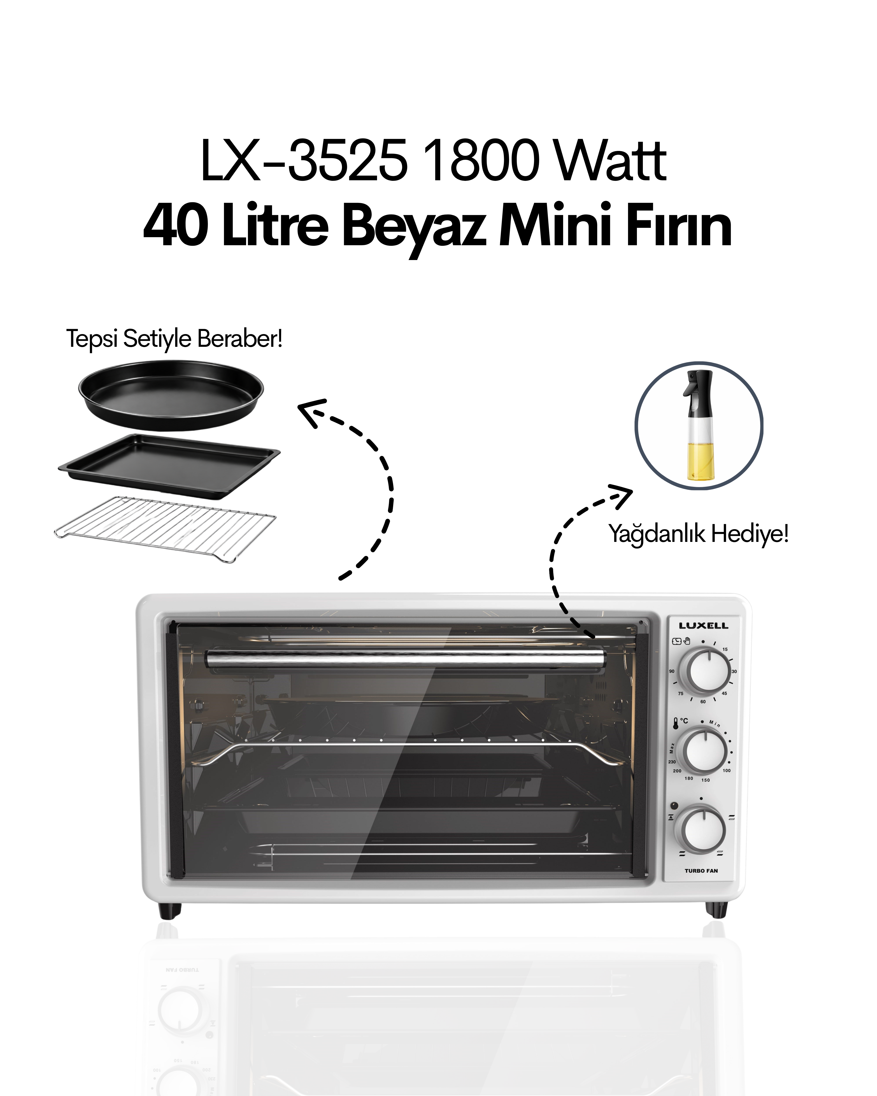 Luxell 40 Litre Turbo Mini Fırın Beyaz – LX-3525