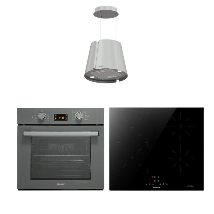 Luxell İndüksiyon Ocaklı Gri Cam Ankastre Set (Opall Fırın - Ada Davlumbaz)